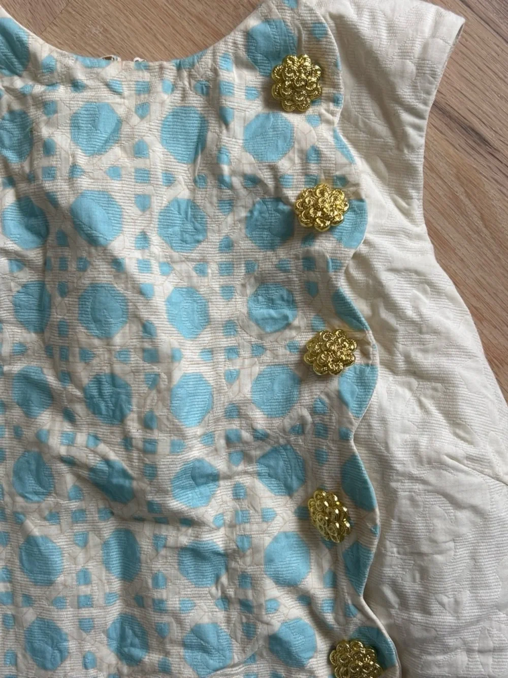Sleeveless Light Blue & Cream Mini Dress with Gold Accent Buttons - Picture 3 of 5